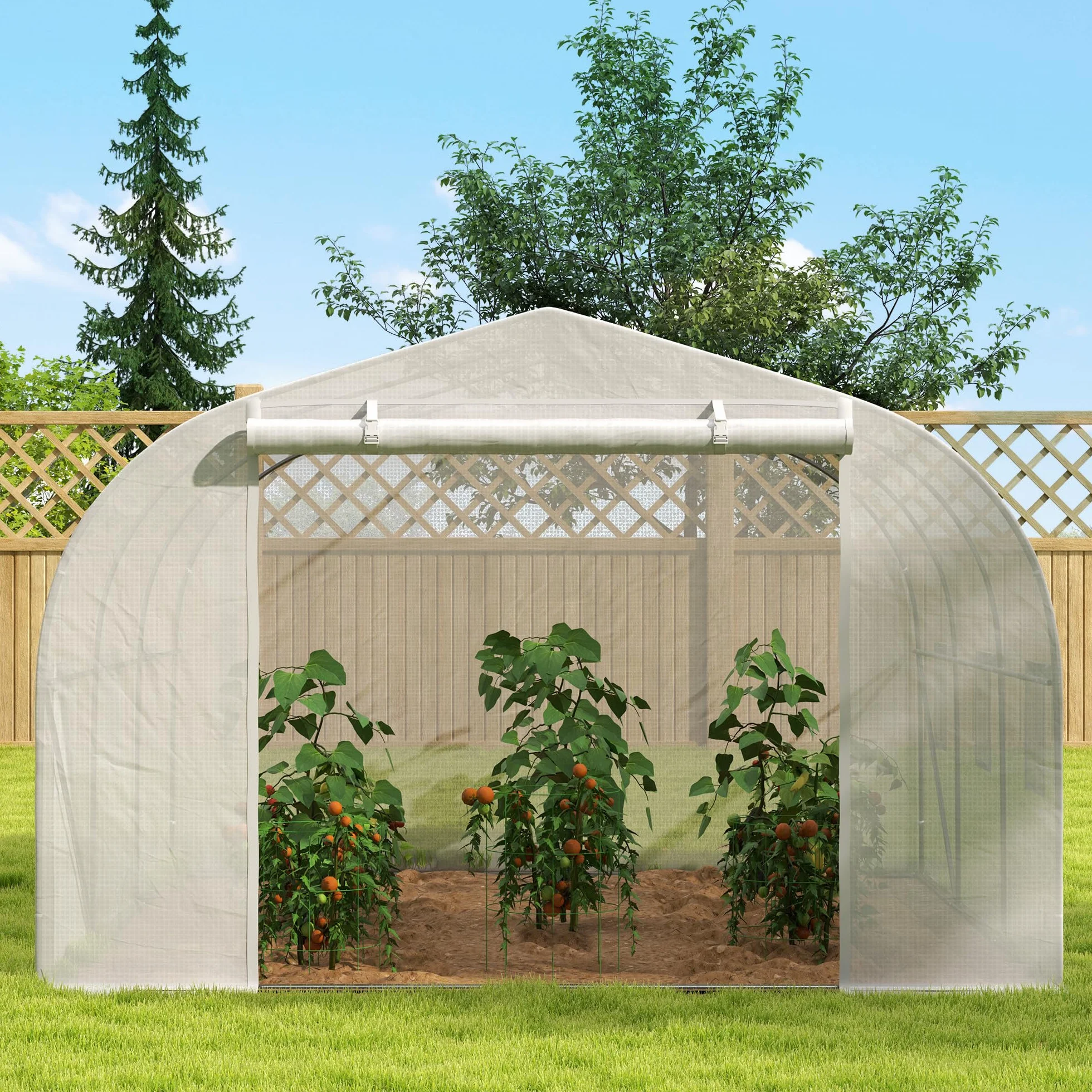 Outsunny Serra da Giardino, Serra a Tunnel per Giardino con Porta a Rullo e 6 Finestre, per Orto in Polietilene e Acciaio, 3.5x3x2 m, Bianco