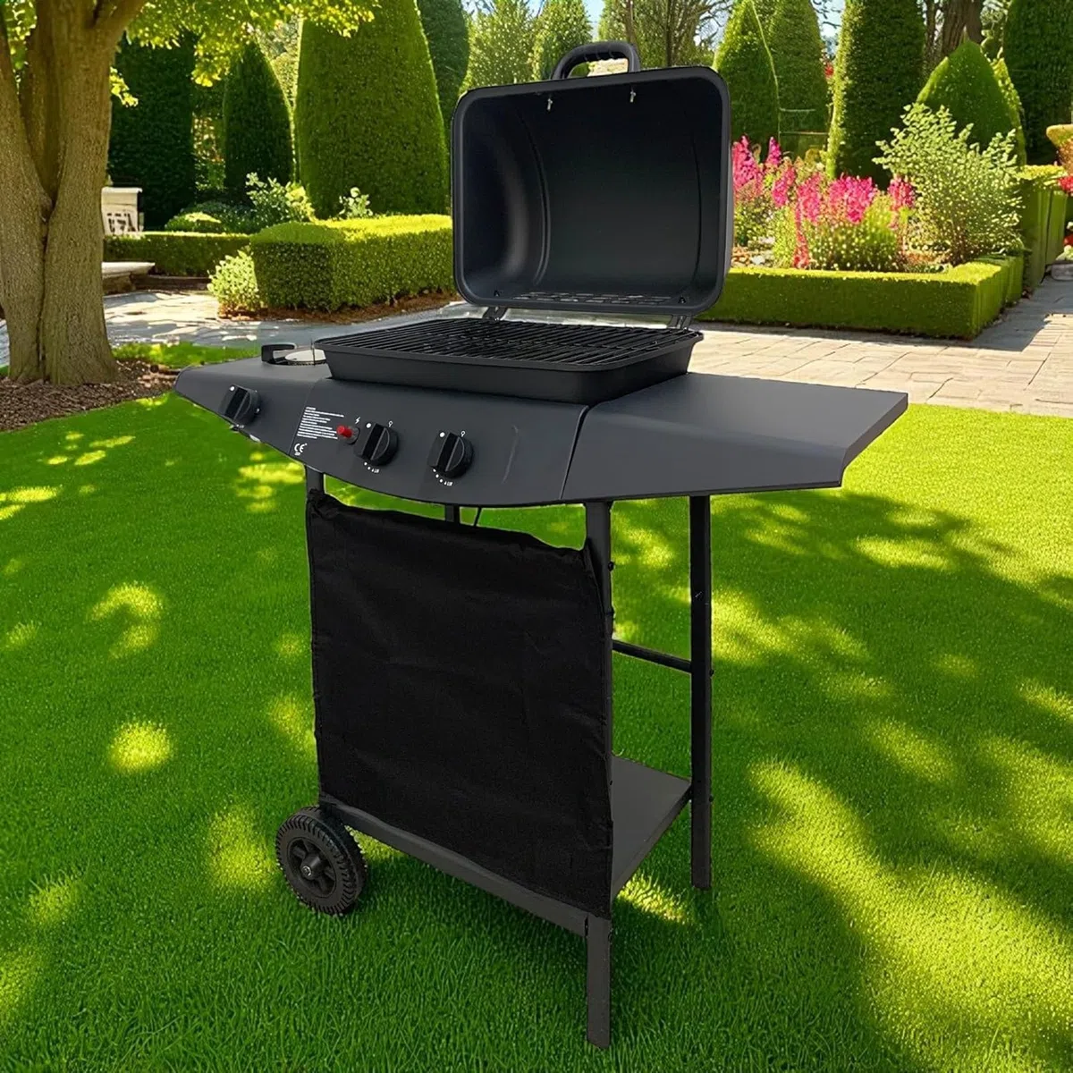 Barbecue a Gas con 2 Fuochi, Piano Laterale e Fornello, Griglia in Acciaio, a Pietra Lavica e Ruote per Trasporto Ideale per Giardino e Terrazzo