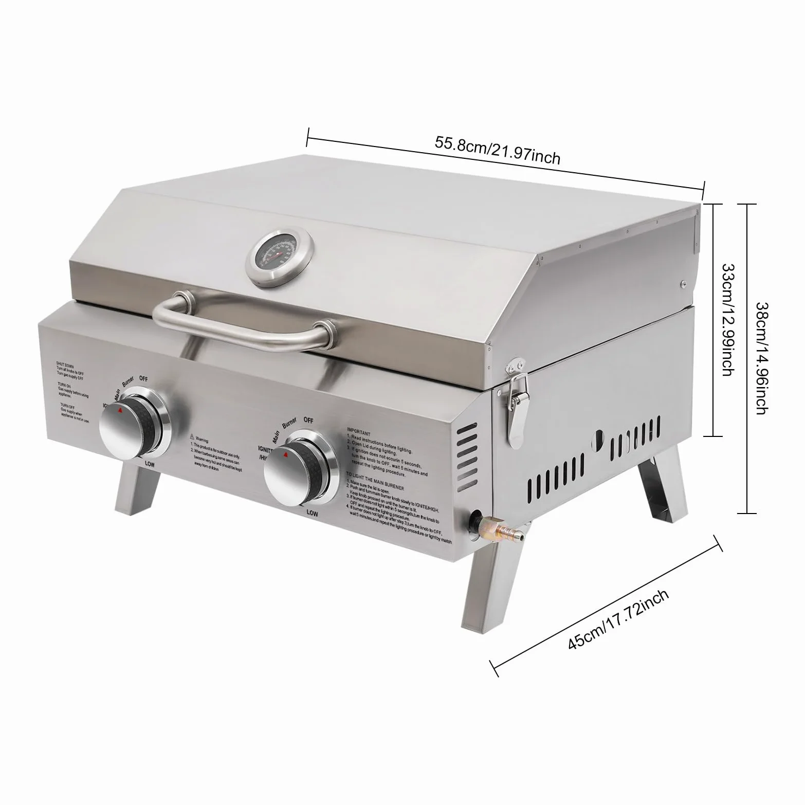 Barbecue a gas portatile in acciaio inox, 2 bruciatori in acciaio inox, 55,8 x 45 x 38 cm, per campeggio, giardino