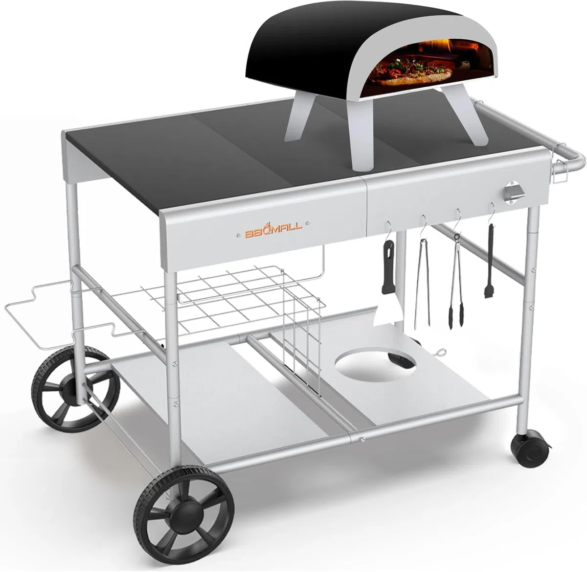 GFTIME Carrello per pizza migliorato per Koda/Karu/Fyra 16 & 12, 128 x 64 x 78 cm, carrello da cucina, carrello da portata per Ninja Woodfire, Blackstone Griddle, carrello per Weber serie Q