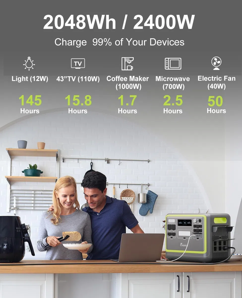FOSSiBOT F2400 Centrale elettrica portatile con Pannello 200W Incluso, 2048Wh batteria LFP generatore solare, uscita fino a 2400W Power station, per backup domestico,campeggio