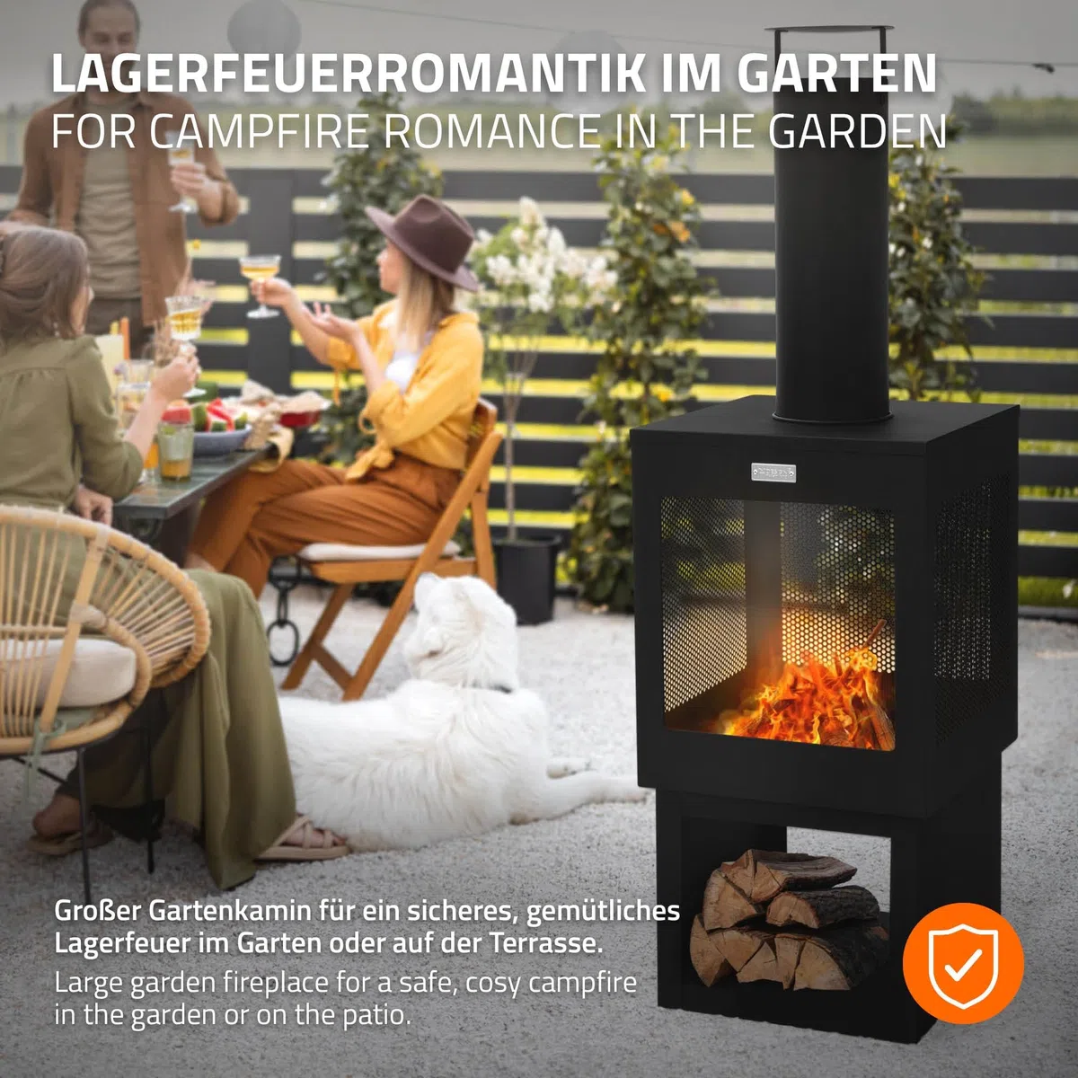 ML-Design Camino da Giardino con Canna Fumaria 128x40 cm Nero in Acciaio Stufa da Esterno con Attizzatoio Tettoia Rimovibile e Ripiano Porta Legna Caminetto da Terrazza Braciere per Terrazza