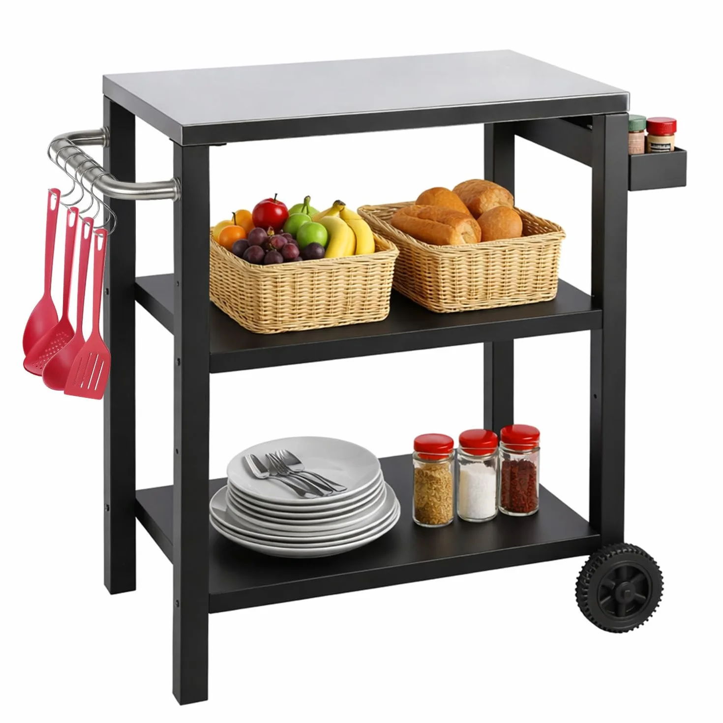Carrello per Barbecue Regolabile in Altezza, Tavolo da Barbecue con 3 Ripiani, 6 Ganci, Maniglia & Portaspezie, Carrello da Servizio con Ruote per Cucina all'aperto, Piano in Acciaio Inox per