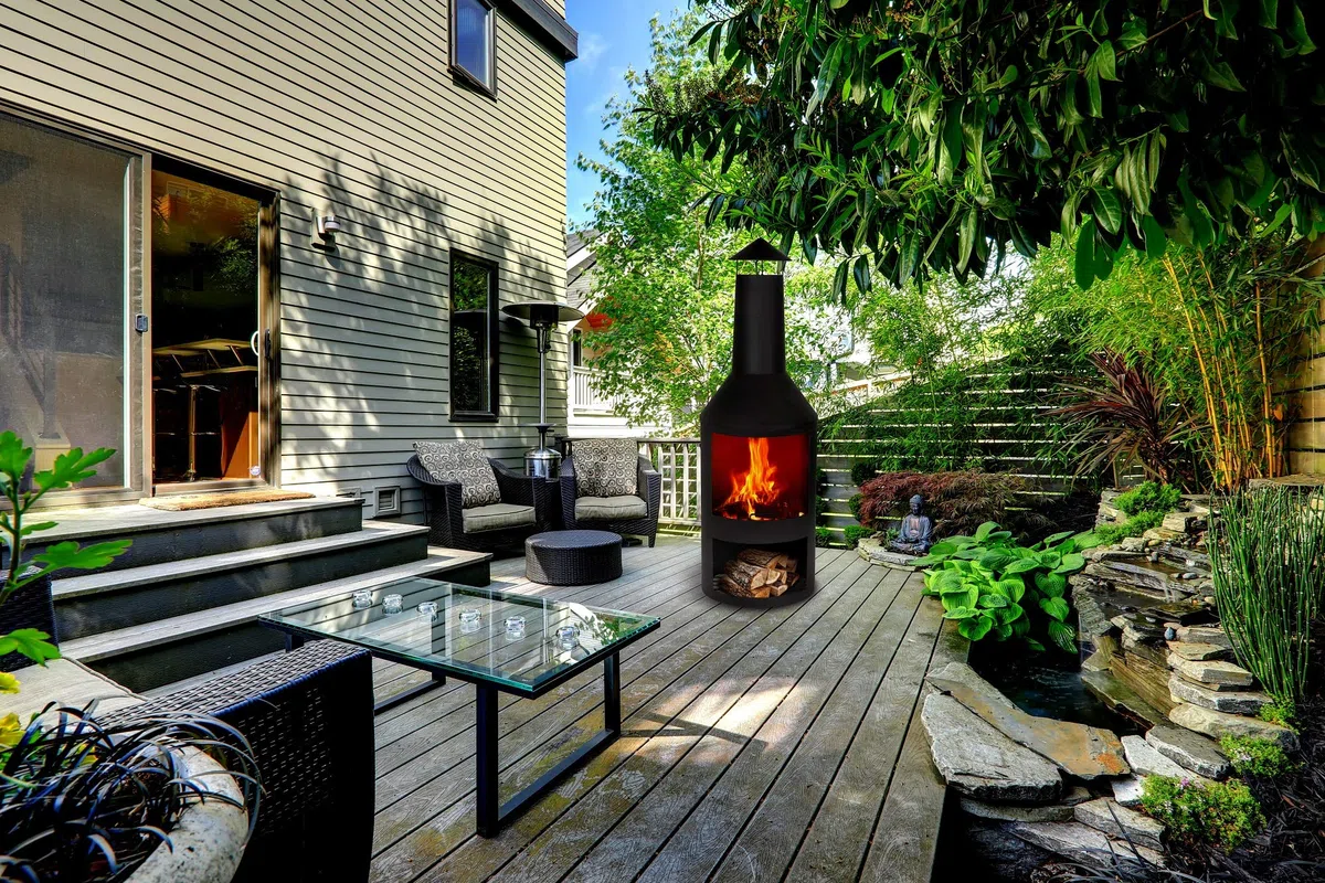 BBQ Collection Stufa da terrazza con camino – Braciere 44,5 x 44,5 x 134 cm – Camino da giardino per legna da ardere – Stufa da giardino con parascintille e ripiano in legno – stufa per terrazza