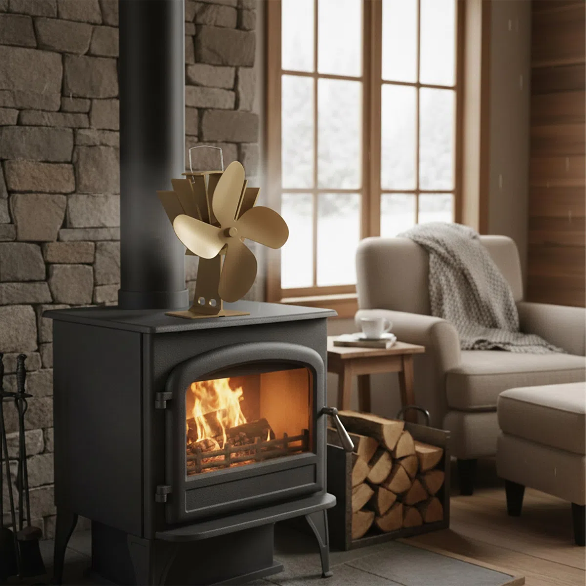 Relaxdays Ventola per Stufa Senza Elettricità, Silenzioso, Ventilatore per Camino & Forno, Accessorio, 4 Pale, Bronzo