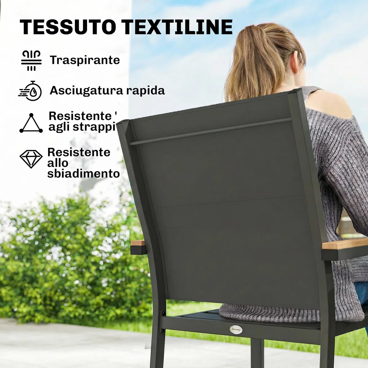 Outsunny Set 2 Sedie da Giardino Impilabili Imbottite in Texteline, Alluminio con Braccioli Effetto Legno, 56x55x85 cm, Grigio Scuro