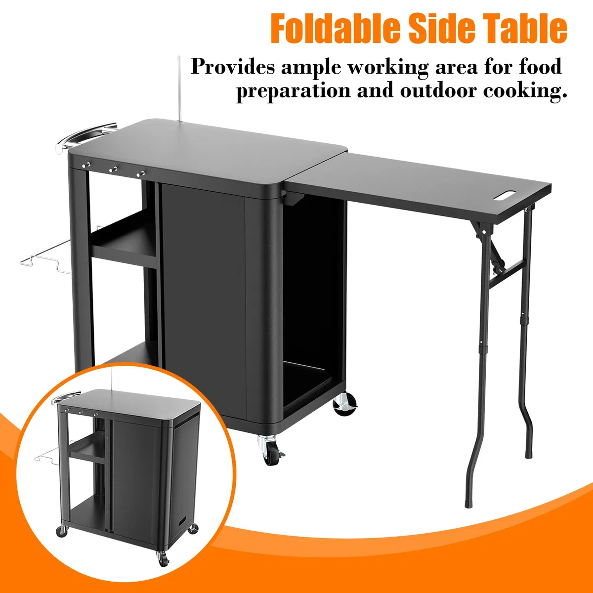 GFTIME Carrello per barbecue, tavolo con tavolino pieghevole, cucina all'aperto con gancio, scaffale e armadio, carrello da portata con ruote, cucina esterna, 143 x 37 x 89 cm