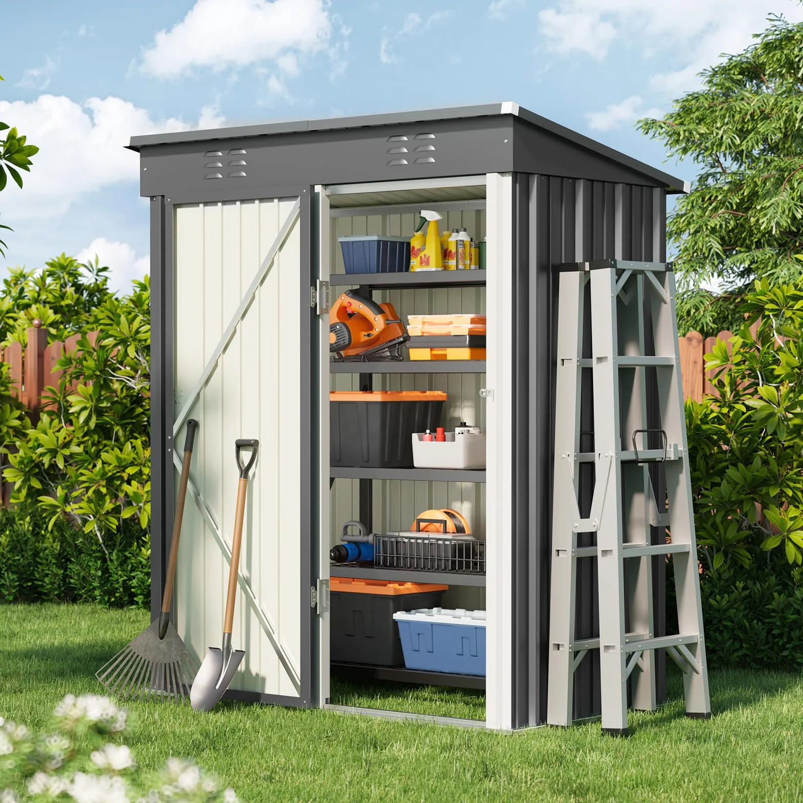 Bealife Capanno per Attrezzi da Giardino in Metallo, Capanno per Attrezzi in Acciaio Zincato, Capanno per Stoccaggio Esterno Casetta da Giardino 180x162x95 cm per Prato Patio Cortile (Grigio)