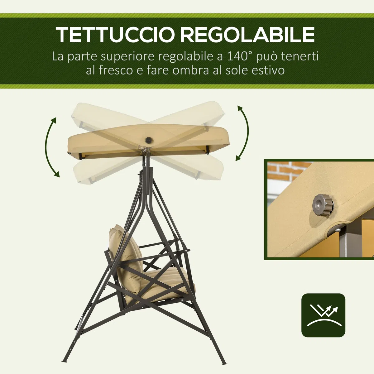 Outsunny Dondolo da Giardino 3 Posti in Acciaio e Poliestere con Tettuccio Inclinabile e Cuscini per Seduta e Schienale, 190x120x178 cm, Marrone e Kaki