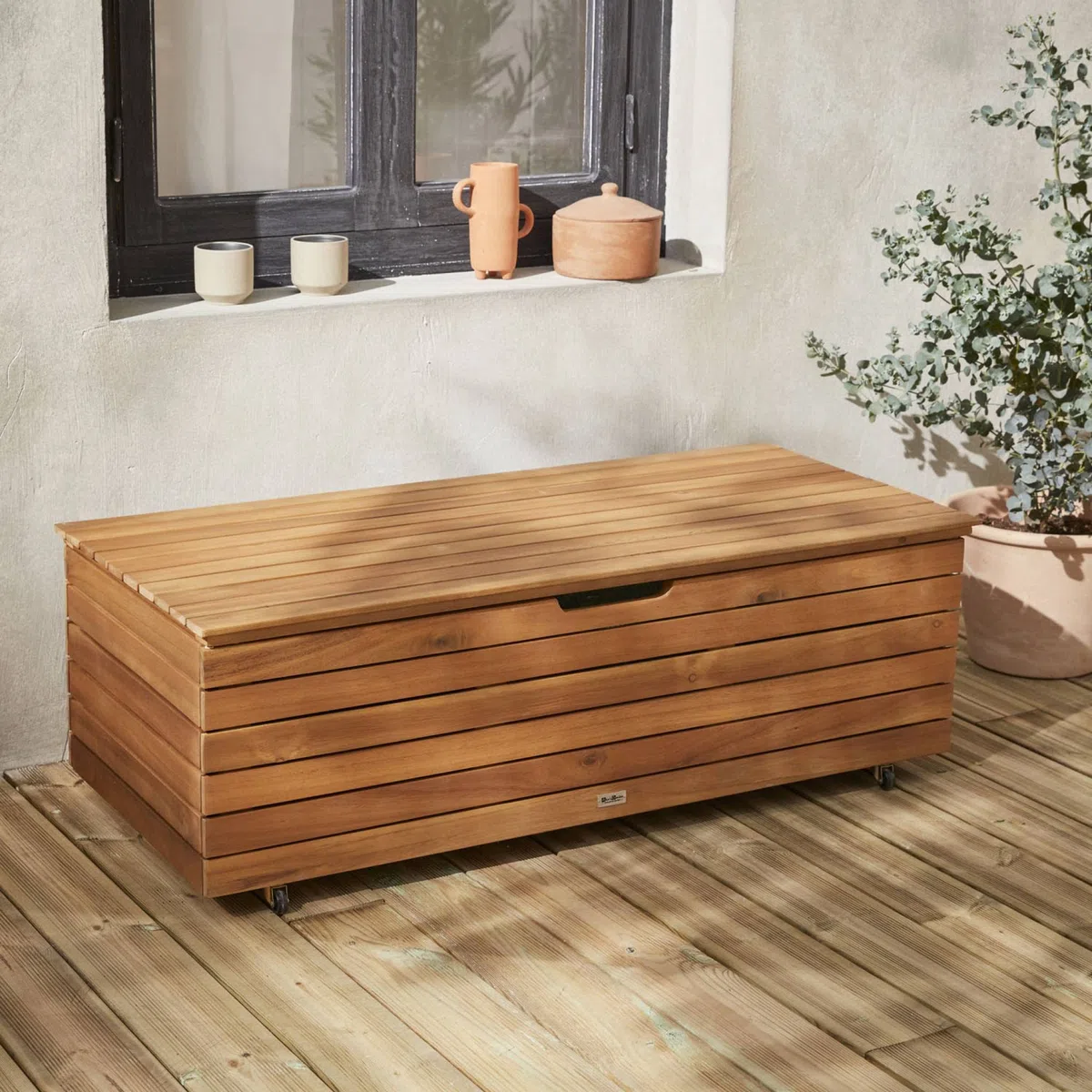 sweeek Baule da Giardino in Legno con rotelle, 110L Marrone Naturale - 107x78x49 cm