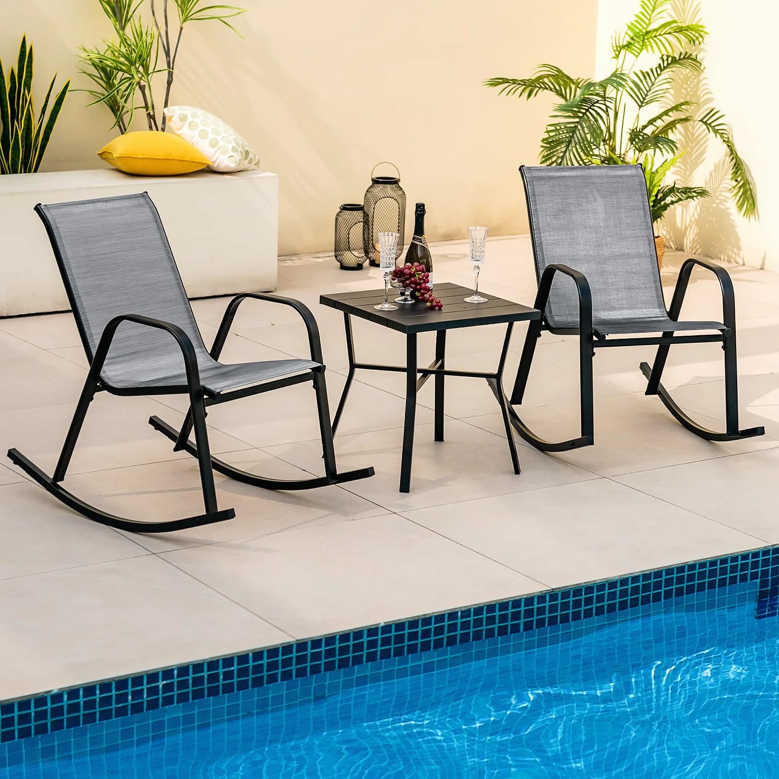 COSTWAY Sedie a Dondolo da Giardino 2 Pezzi, Dondoli da Esterno Ergonomici in Textilene Traspirante e Movimento Dolce, Sedie Dondolo da Balcone Terrazzo Giardino, Portata 150 kg (Grigio)