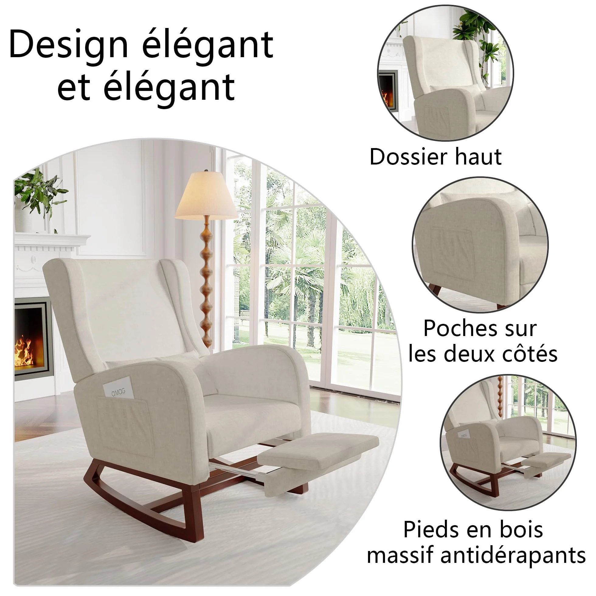 Sedia a Dondolo, Poltrona a Dondolo in Legno per Esterno, Sedia a Dondolo per il Salotto, Adatta per Camera da Letto, Soggiorno e Esterno (Beige, Velluto Spazzolato)