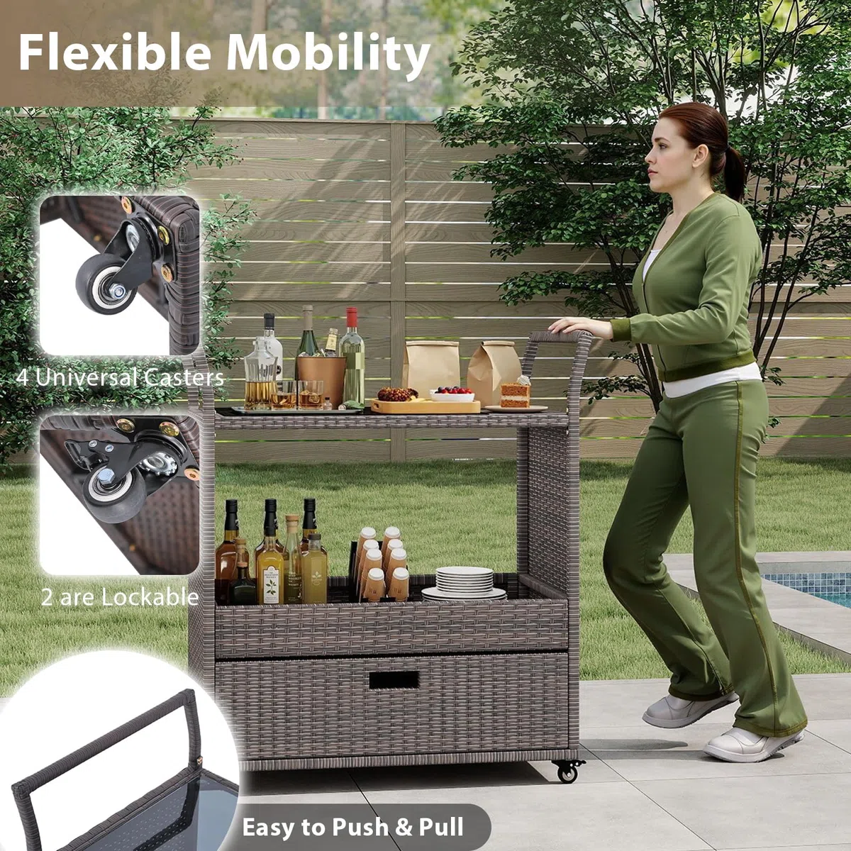 GIANTEX Carrello Bar da Esterno con Ruote, Carrello di Servizio in Rattan con Ripiano in Vetro Temperato, Scaffale di Stoccaggio e Cassetto Rimovibile per Veranda, Giardino e Bordo Piscina