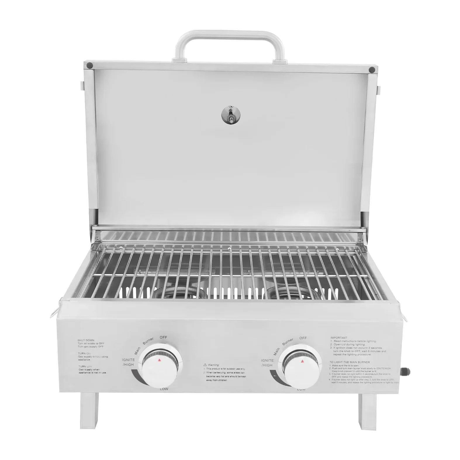 Barbecue a gas in acciaio inox, portatile con 2 fuochi, griglia pieghevole per cortile, giardino, terrazza e picnic, 22 x 18 x 15 pollici