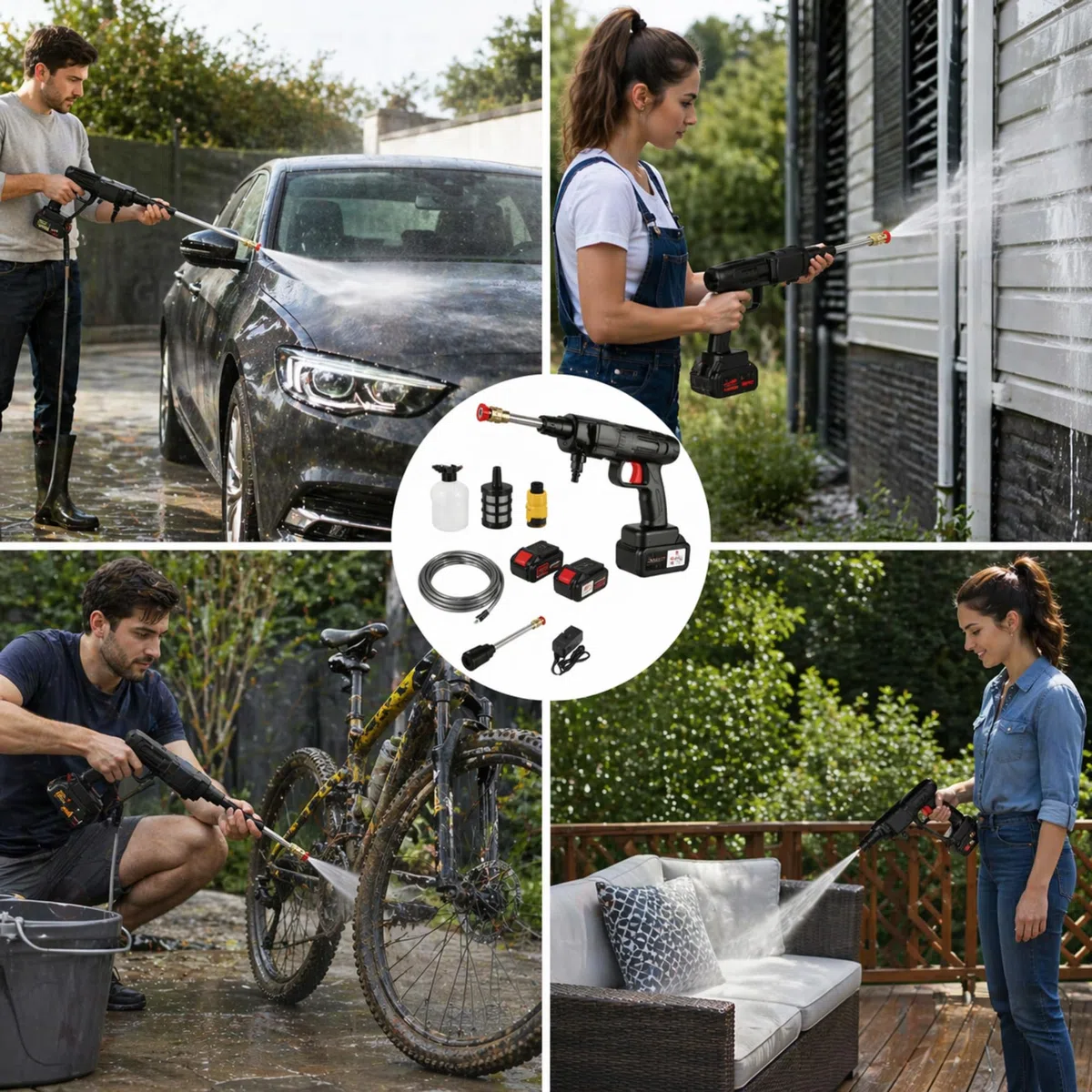 Idropulitrice a Batteria Portatile con Aspirazione da Secchio - Ugelli Multifunzione e Schiumatore - Pistola ad Alta Pressione per Auto,Bici, Giardino - Compreso di Valigetta e tutti gli Accessori
