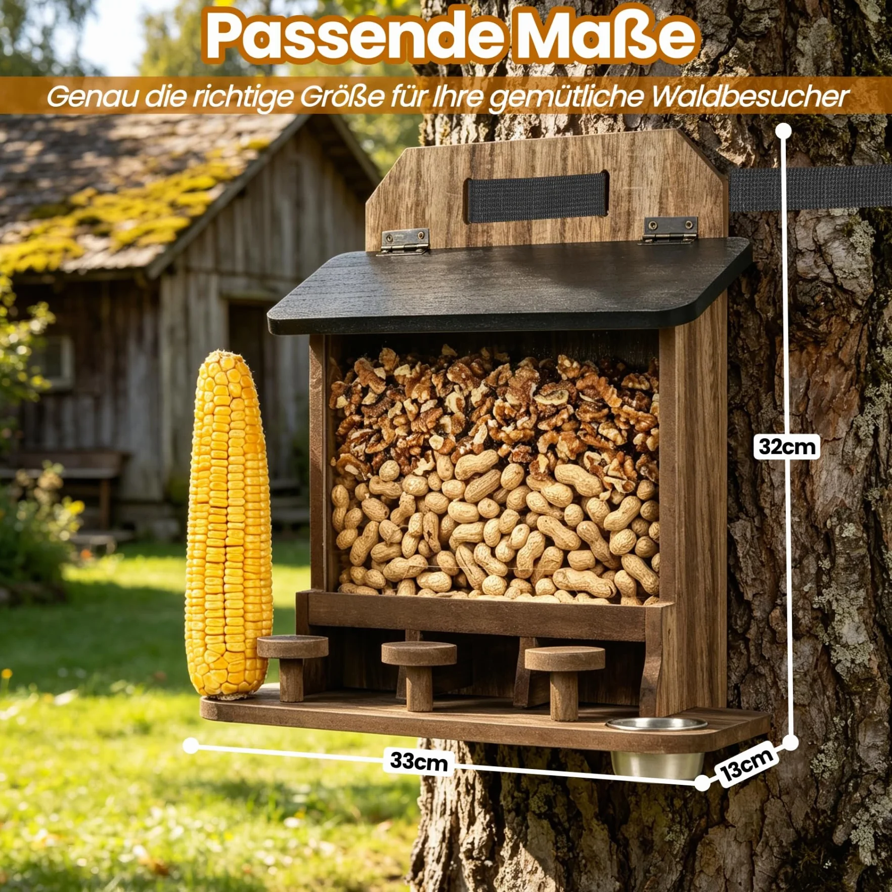 Grande mangiatoia per scoiattoli, in legno, resistente alle intemperie, per esterni | Casetta per scoiattoli da appendere, mangiatoia con tavolo da picnic, serbatoio e supporto per pannocchie di mais