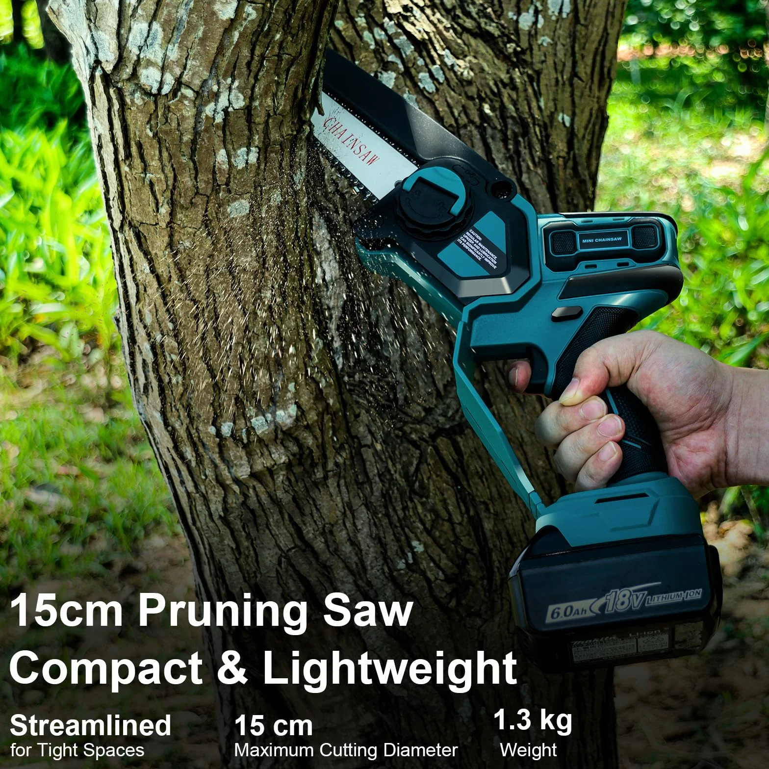 Mini motosega 15 cm compatibile con batteria Makita 18V, motosega da potatura brushless con lubrificazione automatica per taglio del legno e giardinaggio (senza batteria e olio catena)