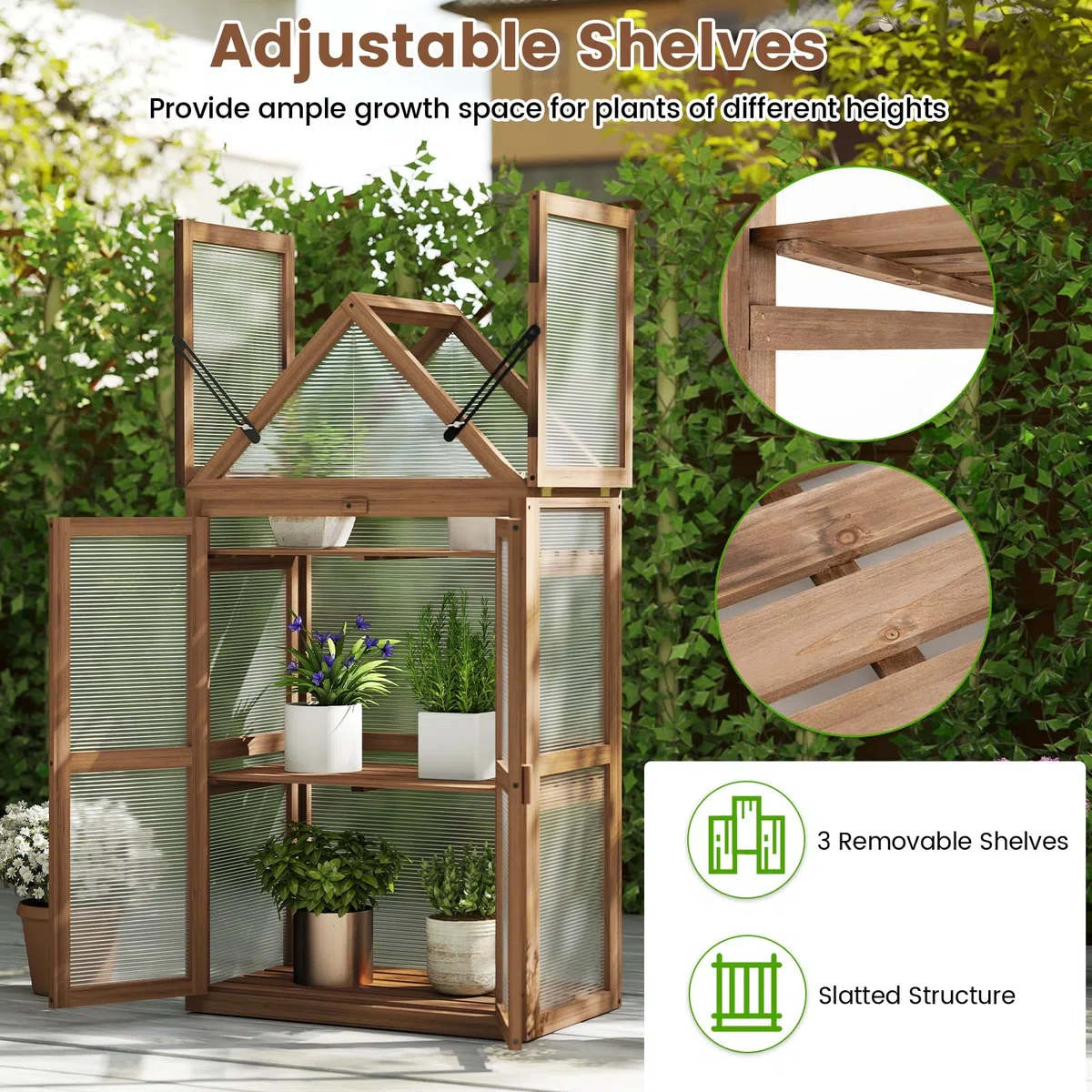HOMASIS Mini Serra da Giardino a 3 Livelli Trasparente in Policarbonato, Serra da Balcone Invernale con 2 Porte, Tetto Apribile e Ripiani Regolabili, Struttura in Legno di Abete, 71 x 41 x 133 cm