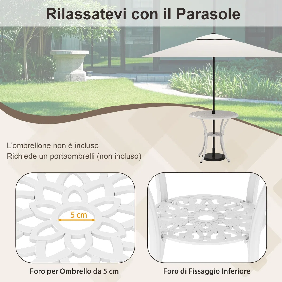 COSTWAY Set Tavolo e Sedie da Giardino, Set da Bistro 5 Pezzi con Foro per Ombrello, Tavolo da Pranzo e 4 Sedie, Arredamento da Giardino in Alluminio, per Giardino e Balcone, Bianco (Modello 2)