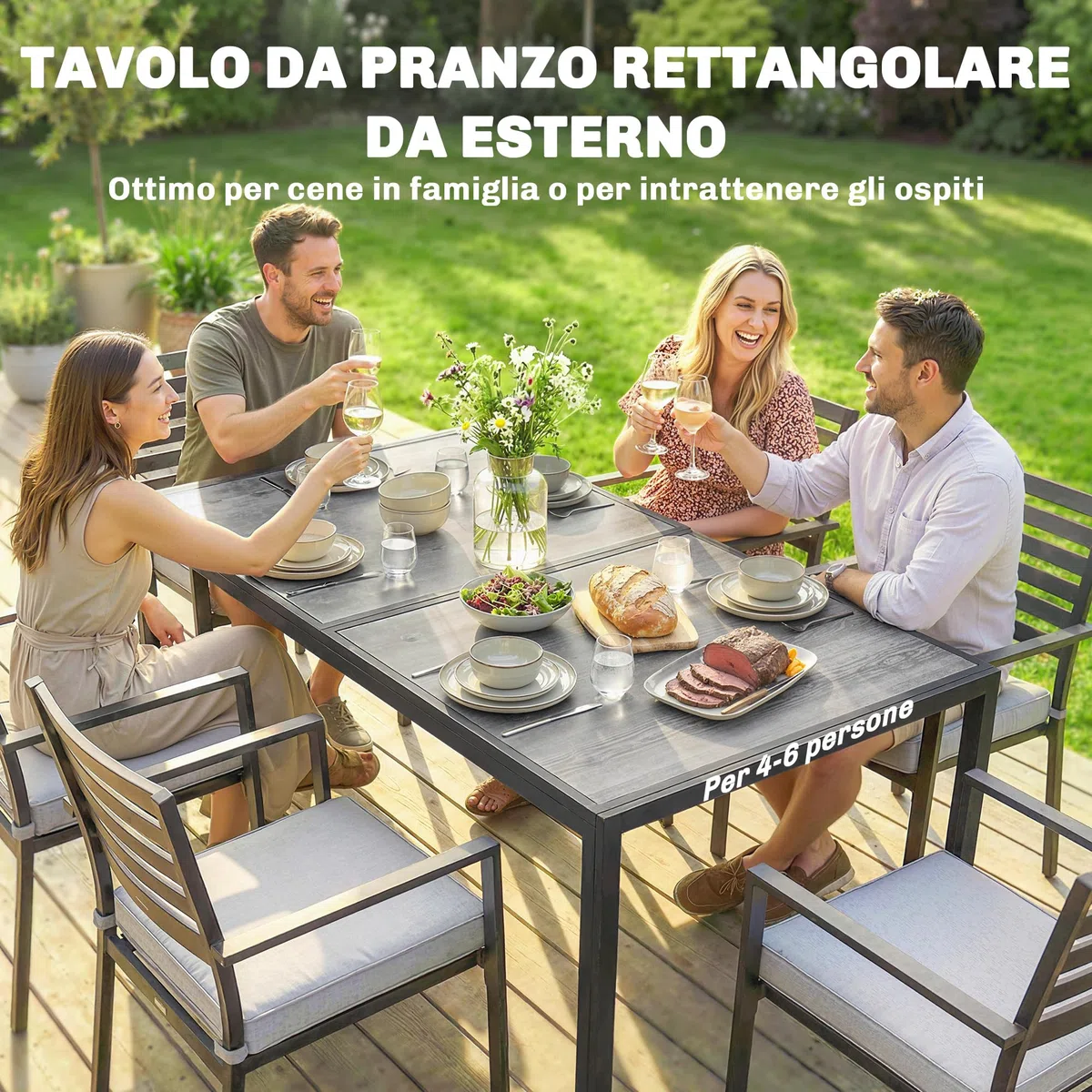 Outsunny Tavolo da Giardino con Piano Effetto Legno in Plastica 150x80 cm per 6 Persone, Tavola da Pranzo da Esterno Rettangolare, Gambe in Acciaio, per Patio, Terrazzo, Balcone, Grigio