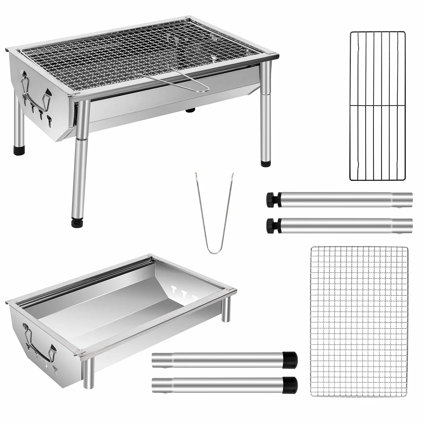 Barbecue a carbonella da esterno, in acciaio inox, regolabile e smontabile, portatile, con gambe di supporto, per giardino, pic-nic, campeggio