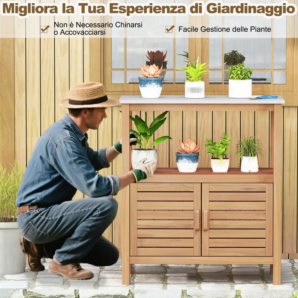 COSTWAY Armadio da Esterno Impermeabile in Legno di Acacia, Mobile Esterno Balcone con Piano di Lavoro in Resina, 2 Ante Persiana e Ripiano Aperto, per Piante e Attrezzi, Naturale, 80 x 40 x 90,5 cm
