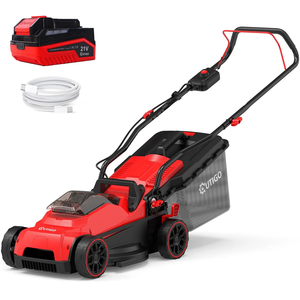 OUTIGO Tagliaerba a Batteria 21V, 5,0 Ah Inclusa, Larghezza di Taglio 33 cm, Autonomia 250 m², Cesto Raccoglierba 32 L, Altezza di Taglio Regolabile 25-65 mm