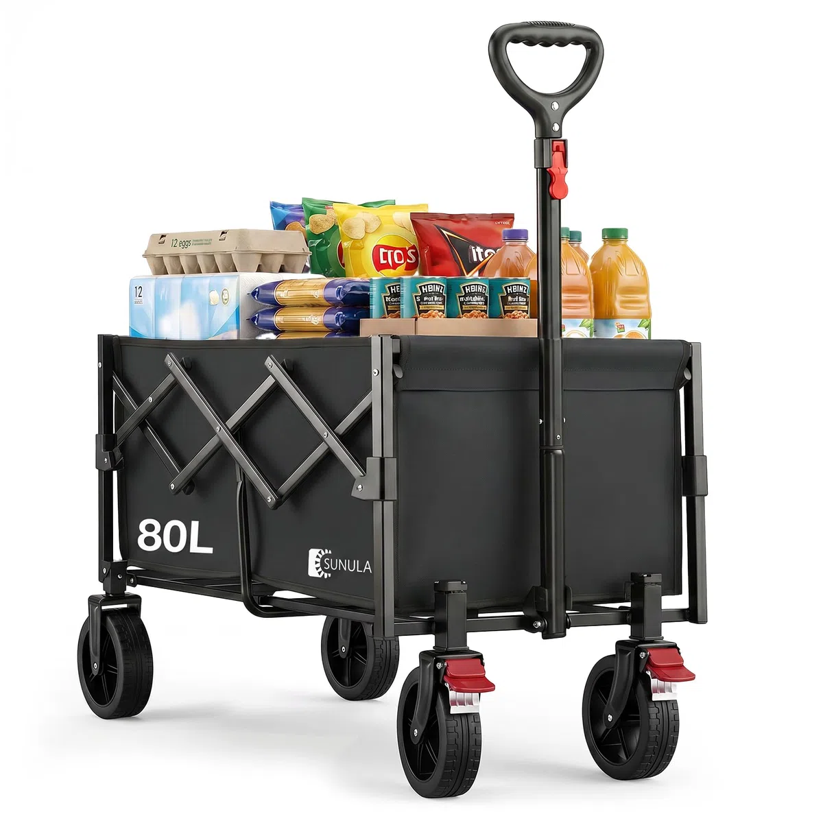 SUNULA Carrello pieghevole piccolo 80L 100KG, carrello pieghevole con peso ridotto, carrello fuoristrada con freni, Nero