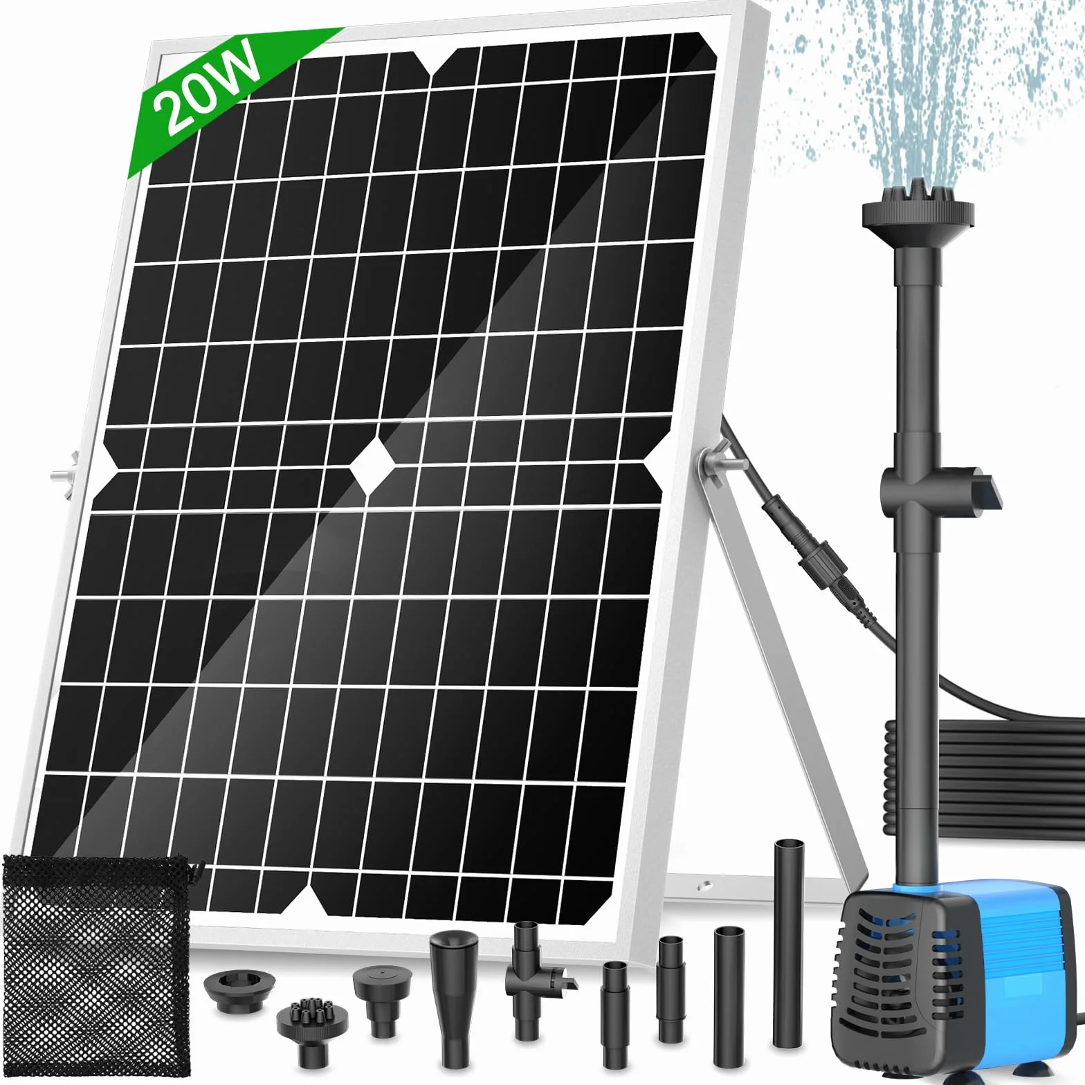 Pompa solare per laghetto, pompa solare da 20 W, portata 1300 l/h, cavo di alimentazione allungabile da 5 m, 4 modelli di spruzzo e sacco raccogli-sporco, ideale per laghetti e impianti d'acqua