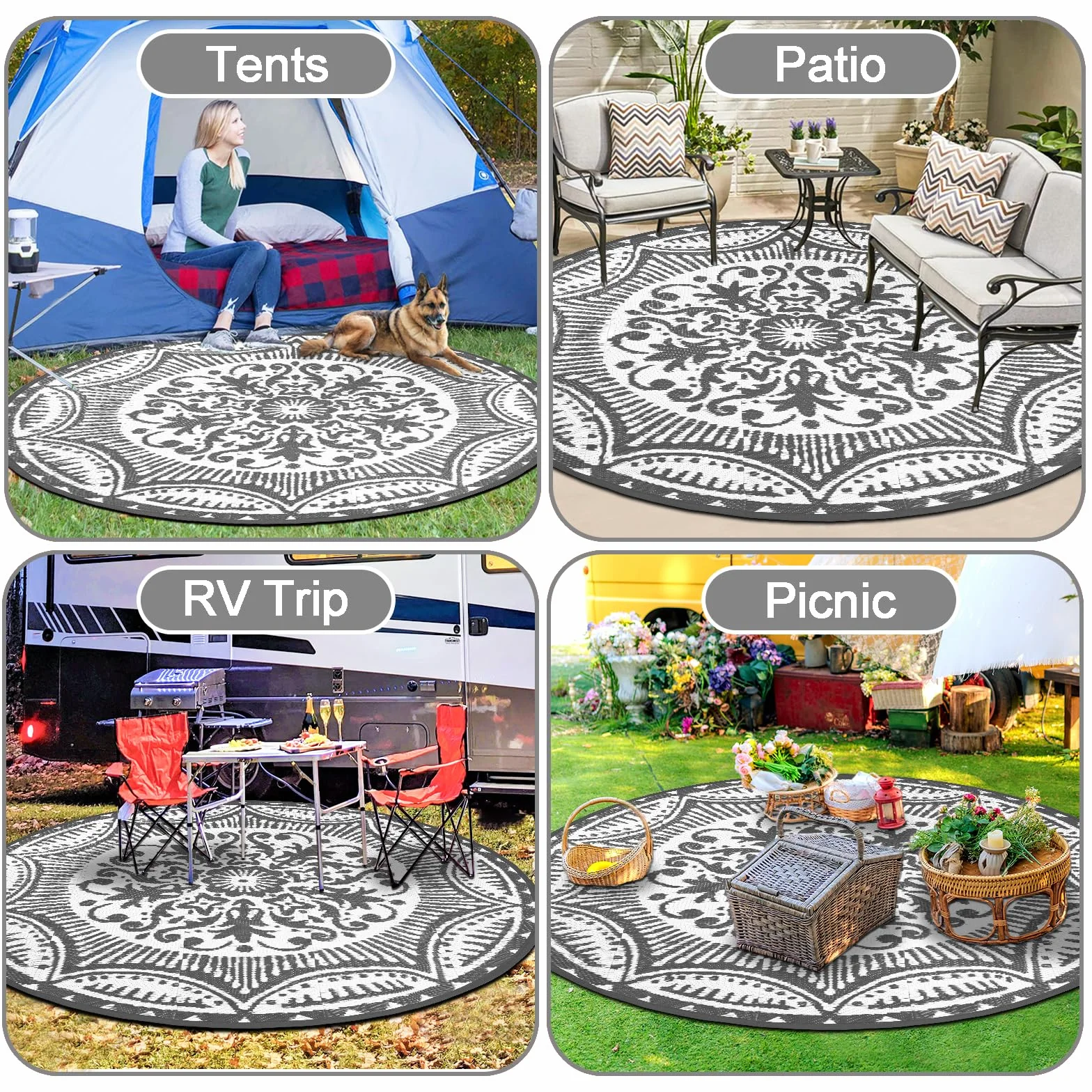 Capslpad Tappeto rotondo per esterni, diametro 150 cm, tappeto da balcone, in plastica, leggero, da picnic, per esterni, per balcone, picnic, campeggio, giardino, grigio