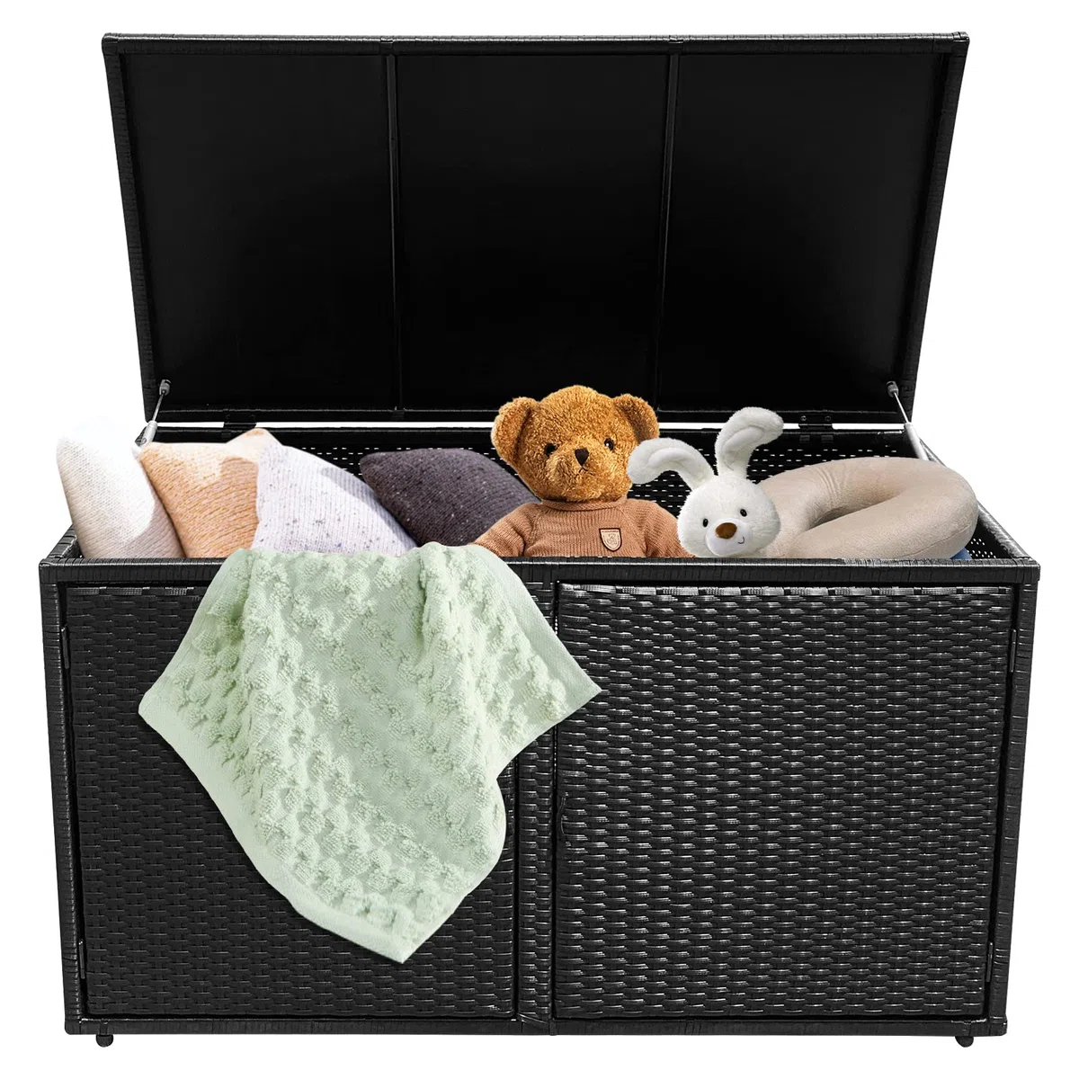 GIANTEX Cassapanca Per Esterni in Metallo e PE Rattan, Ideale Per Tenere in Ordine, 310 L,115 x 60 x 65/120 cm, 2 Colori (Nero)