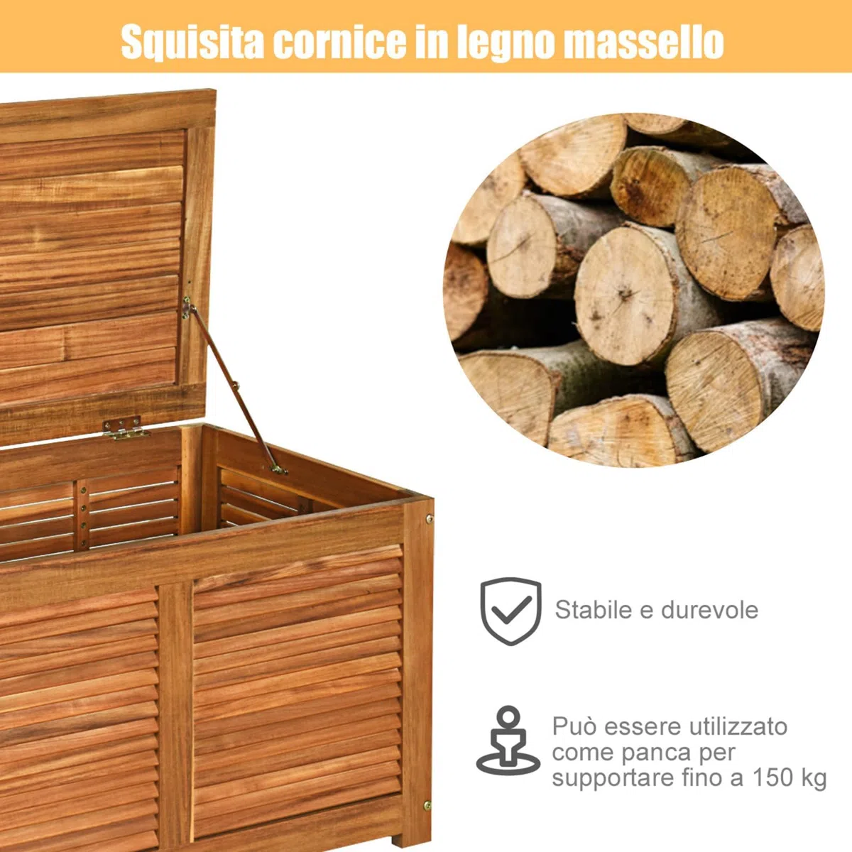 RELAX4LIFE Cassapanca in Legno di Acacia Massello, Baule Contenitore 160L per Interno/Esterno con Coperchio Ribaltabile, Design a Doghe Traspirante (120x45x45 cm-160L)