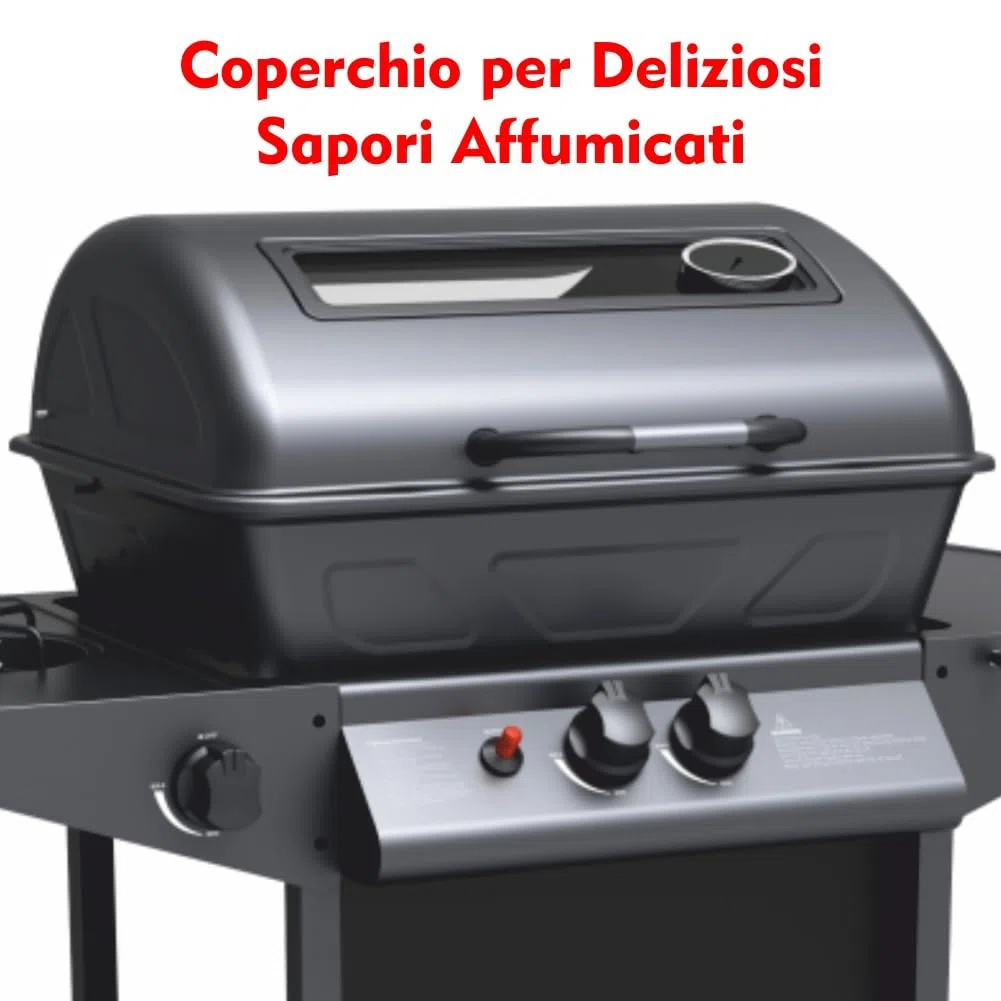 Barbecue a Gas con Pietra Lavica BBQ a Gas 2 Bruciatori + Fornello Laterale Struttura in Acciaio con Piano Laterale D’appoggio e 3 Appendini Pratiko Life