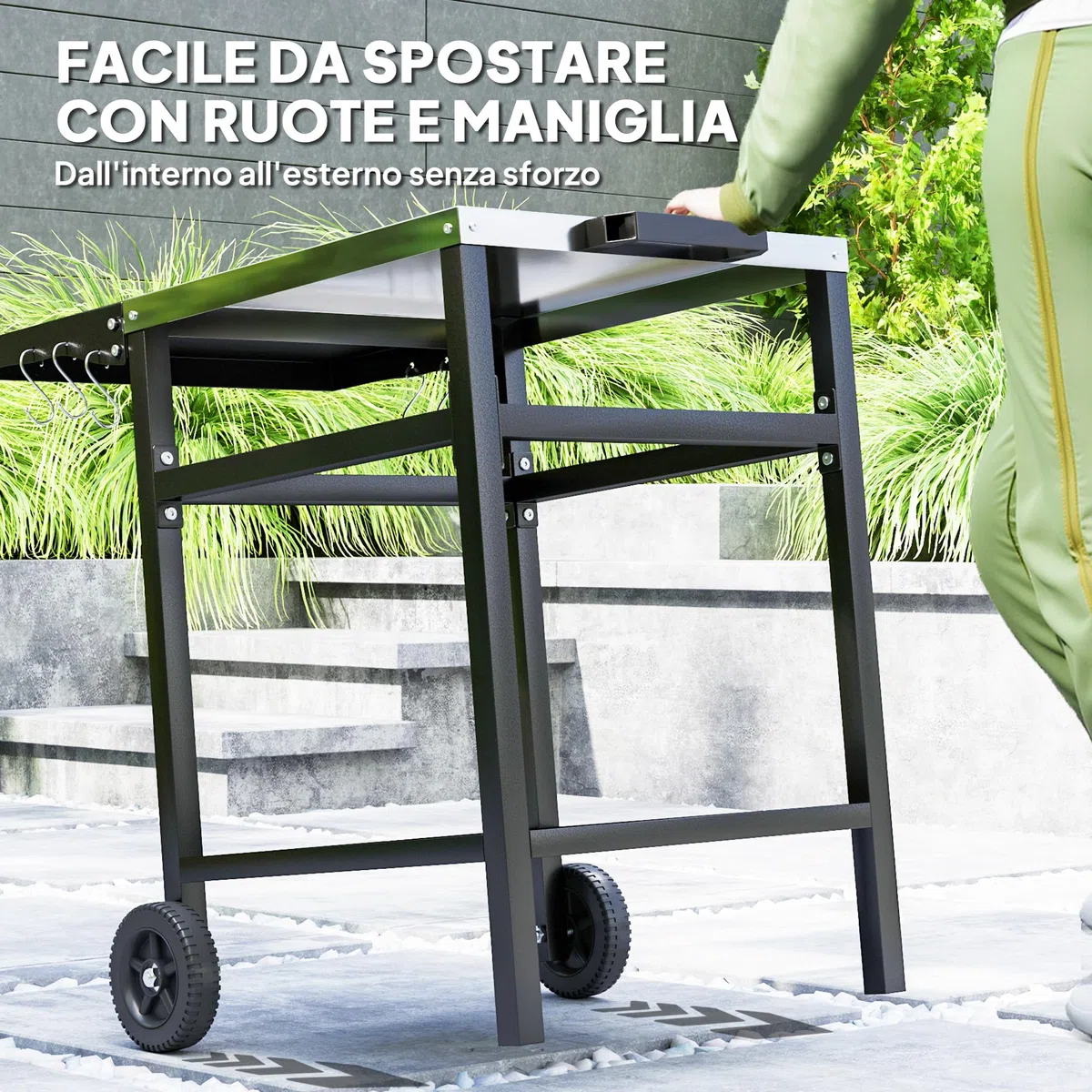 Outsunny Carrello Barbecue con Piano in Acciaio Inox e Ripiano Richiudibile, Tavolo Cucina da Esterno per Forno Pizza con Ruote, Maniglia, 6 Ganci e Copertura di Protezione, 91x58x76 cm, Nero