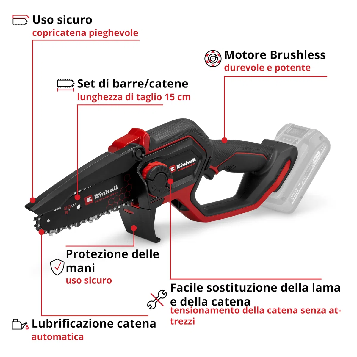 Sega a batteria Einhell Professional GP-PS 18/20 Li T BL-Solo Power X-Change (18 V, lunghezza di taglio 15 cm, Brushless, velocità catena 8 m/s, lubrificazione autom. della catena, senza batteria)