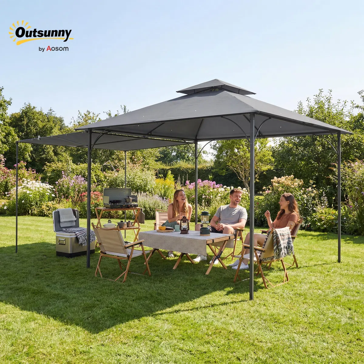 Outsunny Gazebo da Giardino 3.2x3.2 m con Tetto Estensibile, Gazebo da Esterno con Doppio Tetto Ventilato, Fori di Drenaggio in Metallo, per Giardino Balcone Feste Patio, UV30+, Grigio Scuro