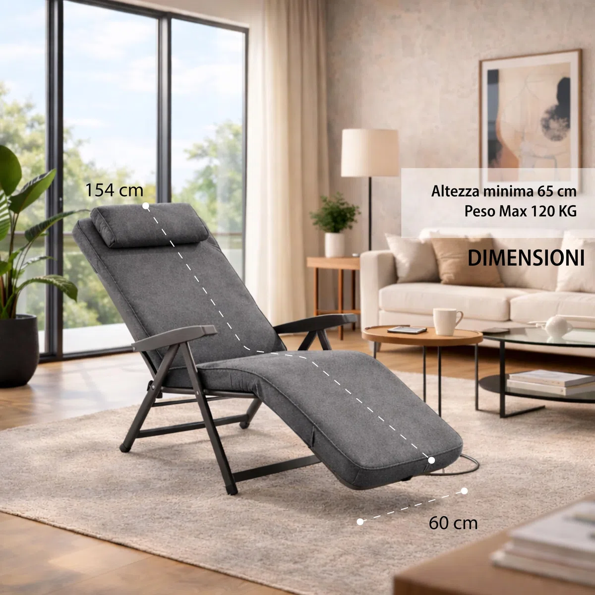 MA MAISON Poltrona Reclinabile Automatica Imbottita 154x60x65 cm - con Poggiatesta, 6 Posizioni, Braccioli Ergonomici, Struttura in Acciaio, Poggiapiedi, per Interno, Esterno - Made in Italy GRIGIO