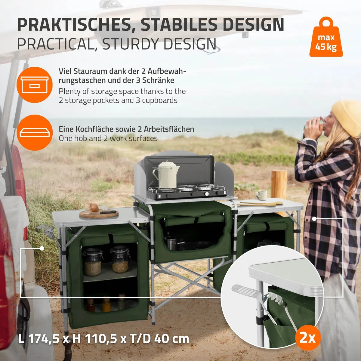 Hauki Cucina da Campeggio Mobile e Pieghevole da Barbecue Esterno con 3 Piani Telaio in Alluminio con Paraspruzzi e Frangivento Vani per Utensili e Accessori con Borsa da Trasporto in Tessuto Kaki