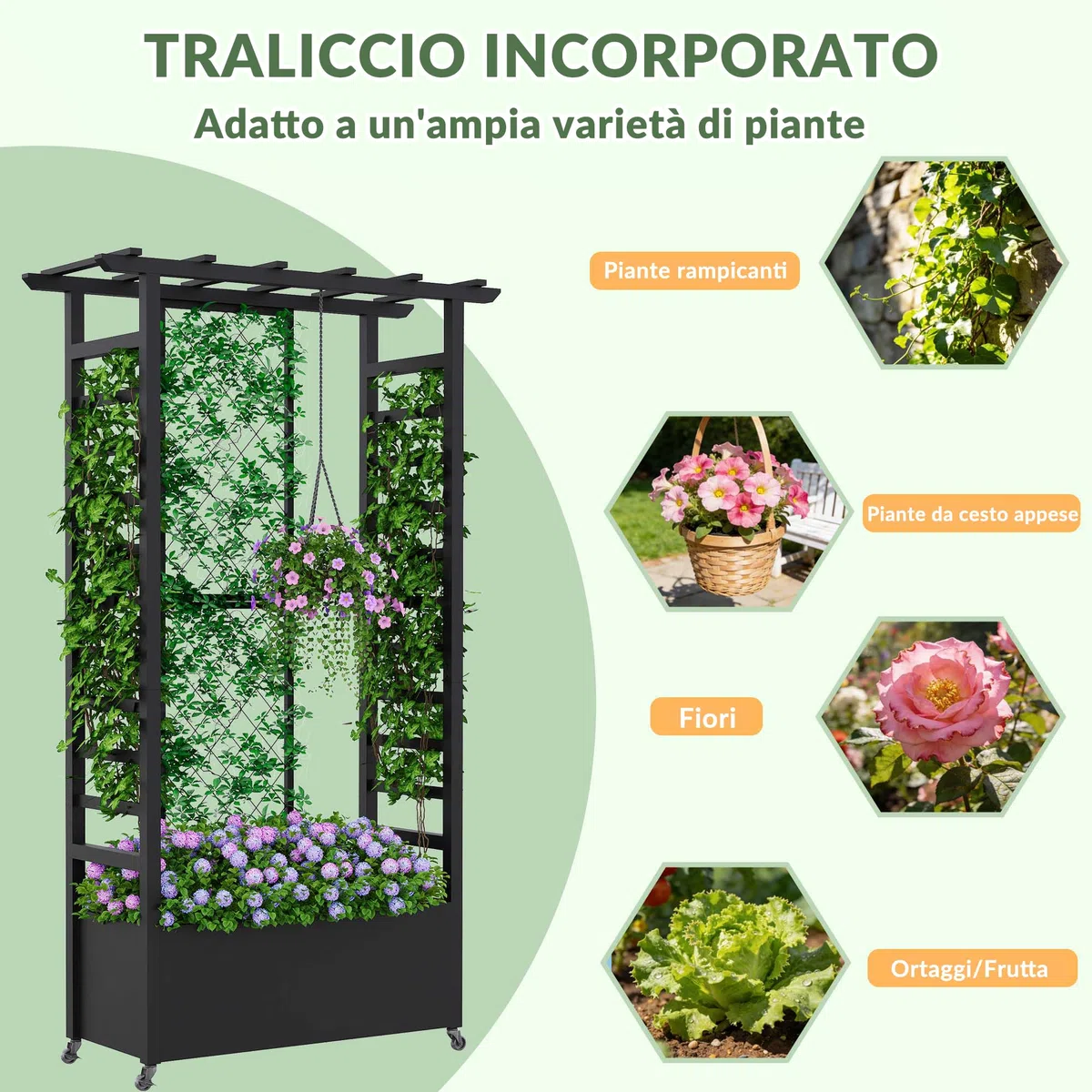 Aiuola rialzata con traliccio e tetto sospeso, fioriera in metallo indipendente con ruote, fioriera rialzata mobile per interni ed esterni per viti, piante rampicanti, fiori, per giardino, patio