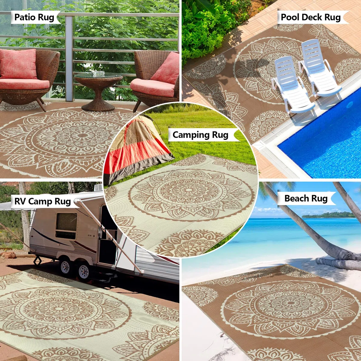 Famibay Tappeto da Esterno Resistente alle Intemperie 270x365cm Reversibile per Campeggio Tappeto da Esterno Impermeabile Beige Marrone in Plastica Ribaltabile Leggero Tappeto da Esterno per Terrazza