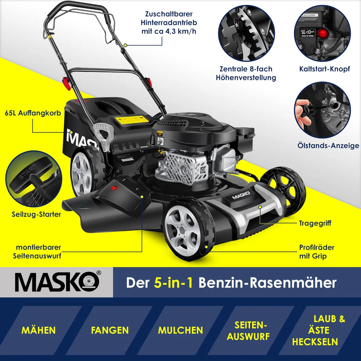 MASKO Tosaerba a benzina 5 in 1, larghezza di taglio 51 cm, regolazione dell'altezza di taglio 8 volte, motore OHV a 4 tempi, 6,0 CV, cestino di raccolta da 65 litri, incluso kit per pacciamatura