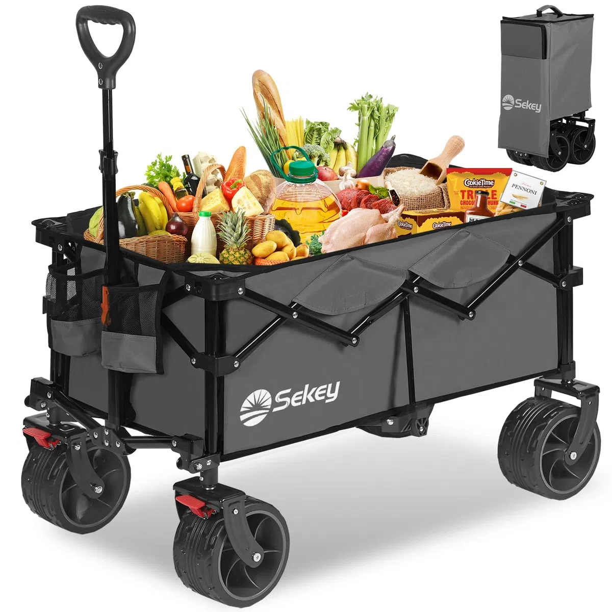 Sekey Carrello XXL pieghevole con freni, 150 l, 150 kg, pneumatici larghi per tutti i terreni, brevettato, pieghevole in 4 direzioni, non richiede montaggio, XXL 4020, grigio