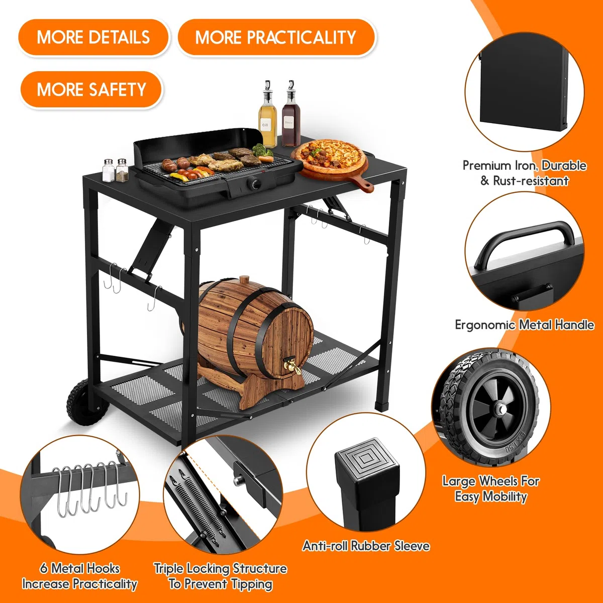 KHAMAL Carrello pieghevole per barbecue da esterni, tavolo portatile per pizza con ruote, tavolo da pranzo portatile per esterni, barbecue, interni, cucina