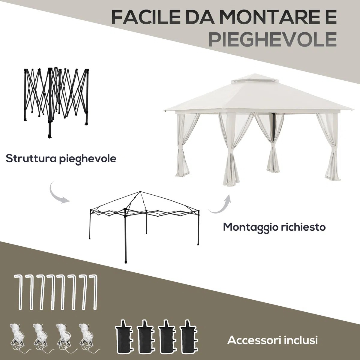 Outsunny Gazebo Pieghevole Pop Up 4x4 m ad Altezza Regolabile a 3 Livelli, Gazebo Esterno con Zanzariera, Sacchi di Sabbia, Borsa da Trasporto, UV50+, per Giardino Campeggio Feste, Crema