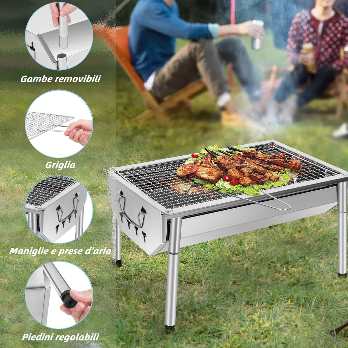 Barbecue a carbonella da esterno, in acciaio inox, regolabile e smontabile, portatile, con gambe di supporto, per giardino, pic-nic, campeggio