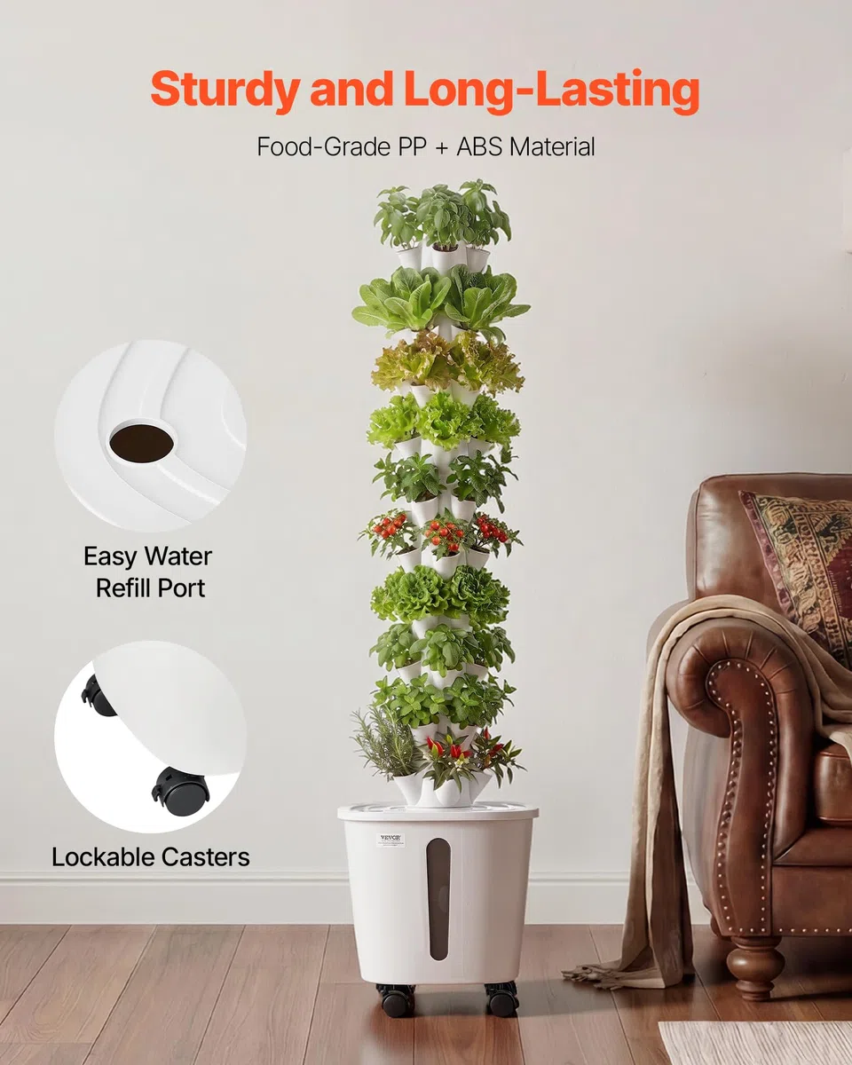 VEVOR Torre Idroponica da Interno, Sistema di Coltivazione Senza Terra a 10 Livelli con 50 Capsule, Controllo App e Ruote, con Serbatoio da 20 L e Pompa, per Erbe Aromatiche Fiori Frutta e Verdura