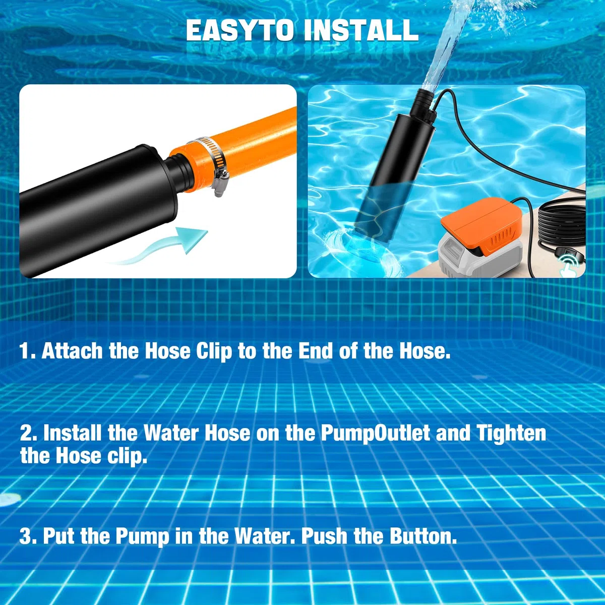 Pompa sommergibile compatibile con batteria Dewalt da 20 V 60 V, 30 l/min, cavo 15 FT, pompa dell'acqua alimentata da 120 W, pompa di trasferimento per fontane profonde per giardino, campeggio