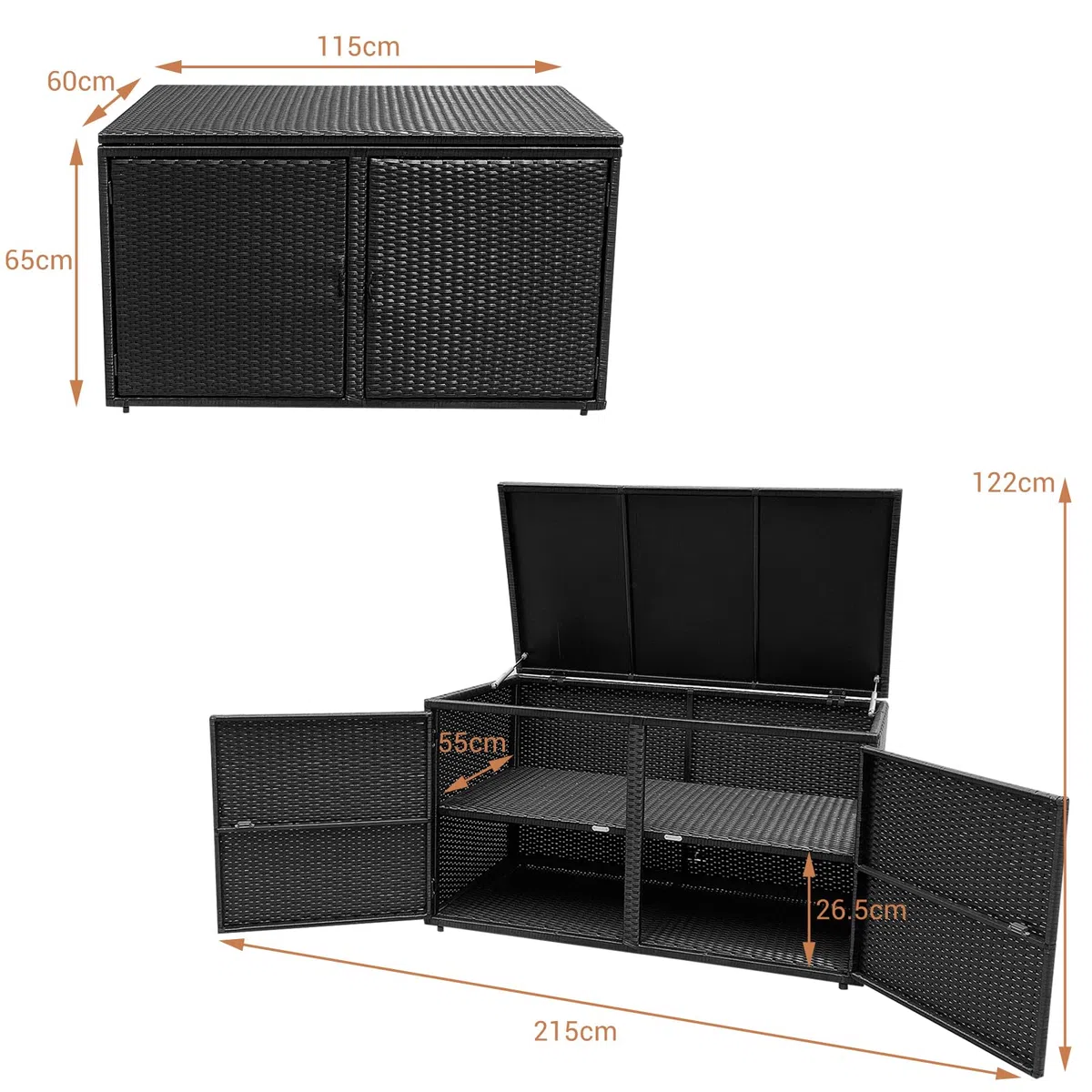 GIANTEX Cassapanca Per Esterni in Metallo e PE Rattan, Ideale Per Tenere in Ordine, 310 L,115 x 60 x 65/120 cm, 2 Colori (Nero)