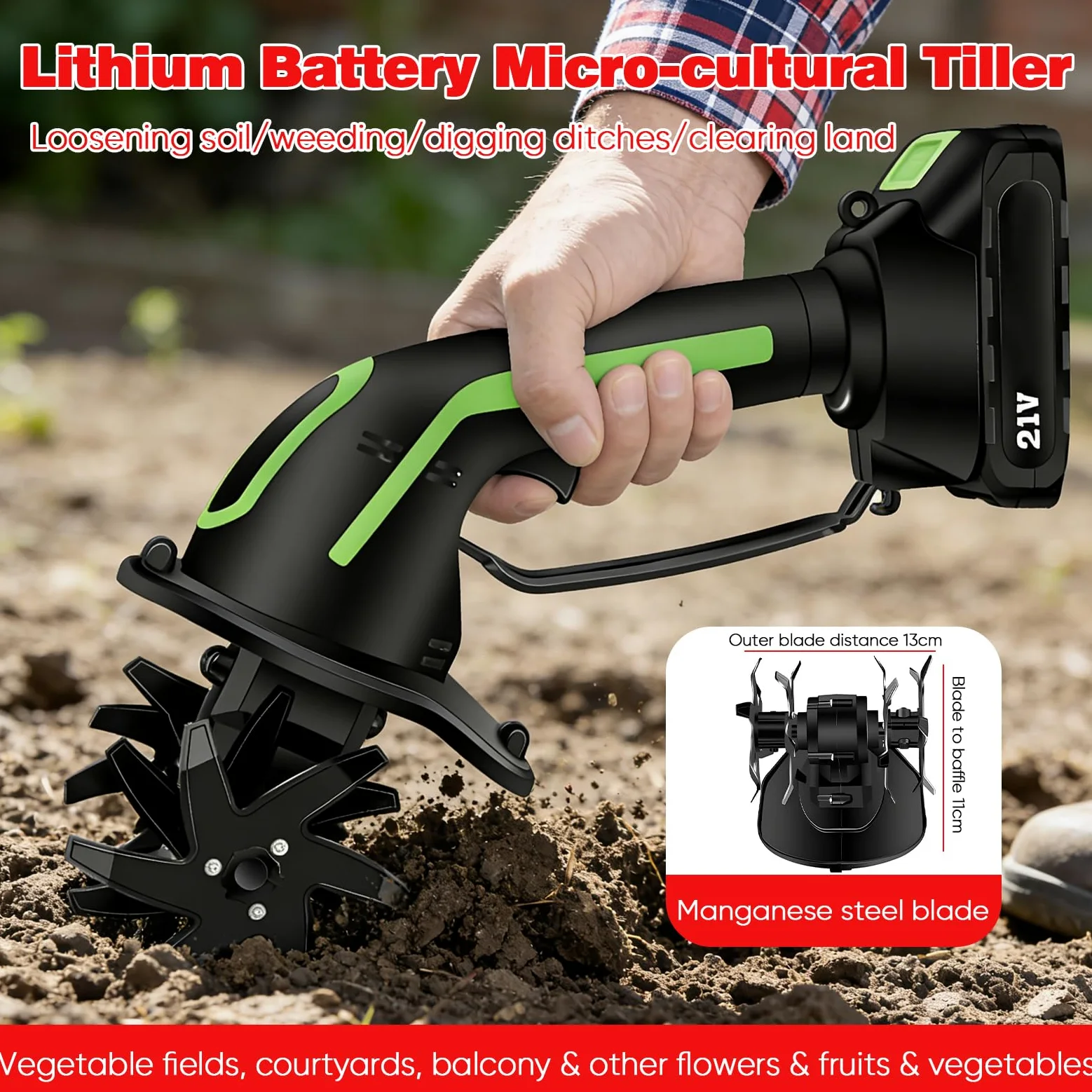 Motozappa Electrica 650 W, Mini Motozappa Batteria con Batteria 3000 mAh, Asta da 1,3 m, Larghezza di lavorazione 10 cm, Profondità di lavorazione 10 cm per allentare la Terra in giardini, orti e