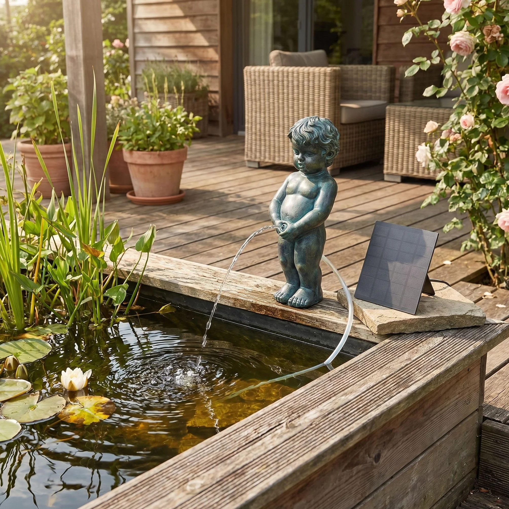 Arnusa Garghilè solare – Statuetta di laghetto con pompa solare e gioco d'acqua, decorazione da giardino in poliresina effetto rame, fontana solare per laghetto da giardino e corso d'acqua (ragazzo 11